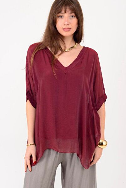 AYASOFYA OTANTIK Women's Italian Burgundy Plain Pattern V-Neck Silk Blouse