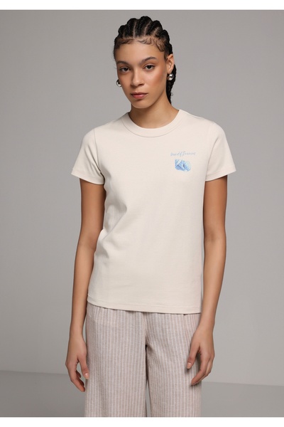 Colin's Slim Fit Round Neck Printed Women's Stone Short Sleeve T-Shirt