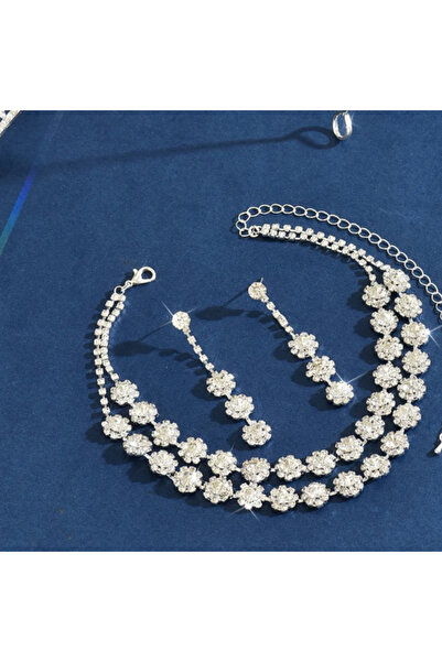 CRM Set bijuterii dama, colier si cercei cu cristale stralucitoare, CRM, model floral elegant, argintiu