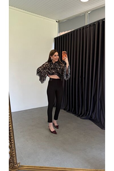 elif teke Beli Sıra Zincirli Ekstra Yüksek Bel Toparlayıcı Pantolon Siyah