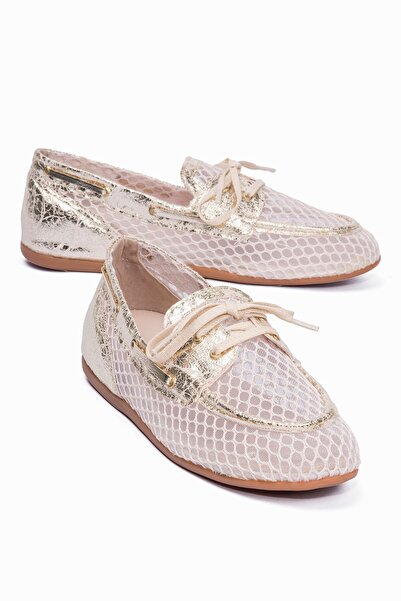 Mubiano Women's Mesh Loafers Gold Detailed Lace-Up Casual Ballet Flats Lilia ...