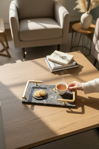 Akayev Marble Anthracite Matte Gold L Design 30X20 cm Tray