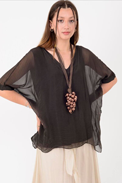 AYASOFYA OTANTIK Women's Italian Brown Plain Pattern V-Neck Silk Blouse