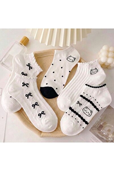 Store Likralı Pamuklu Penye Kadın Patik Çorabı Kedi Desenli 4 Çift