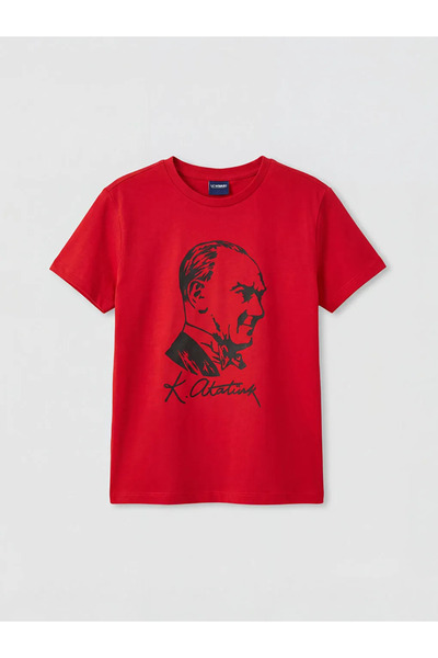 LC Waikiki LCW Kids Kırmızı Bisiklet Yaka Atatürk Baskılı Kız Çocuk Tişört