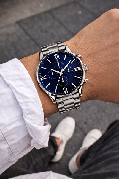 Eloura Accessories Erkek Lacivert Kadran Çelik Kordon Lüks Kol Saati – Silver...