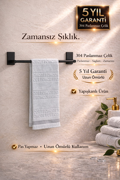 Alper Banyo Premium Siyah 304 Paslanmaz Uzun Havluluk, Havlu Askısı | Güçlü Y...