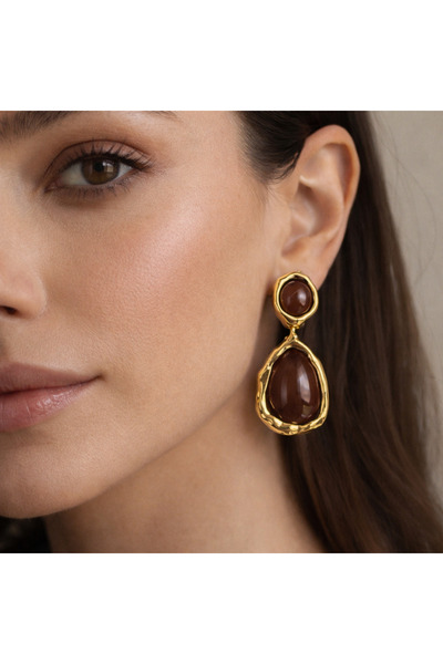 POYASE Kahverengi Doğal Taş Görünümlü Damla Form Gold Renk Küpe Şık ve Modern...
