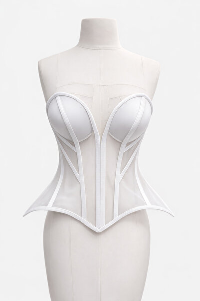 MODA Ecru Sheer Corset Lace-Up Peplum Model Strapless