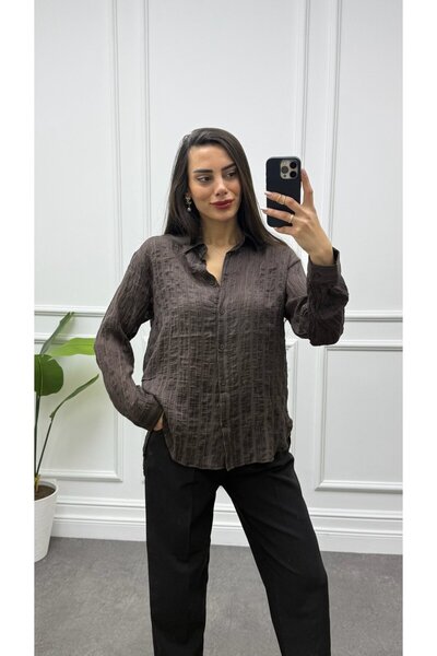 CurcunaShop Women's Sheer Glittery Stripe Detail Oversized Shirt