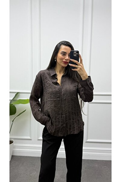 CurcunaShop Kadın Transparan Simli Çizgi Detay Oversize Gömlek