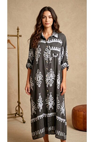 Rabiossa Women's Authentic Patterned Maxi Shirt Dress