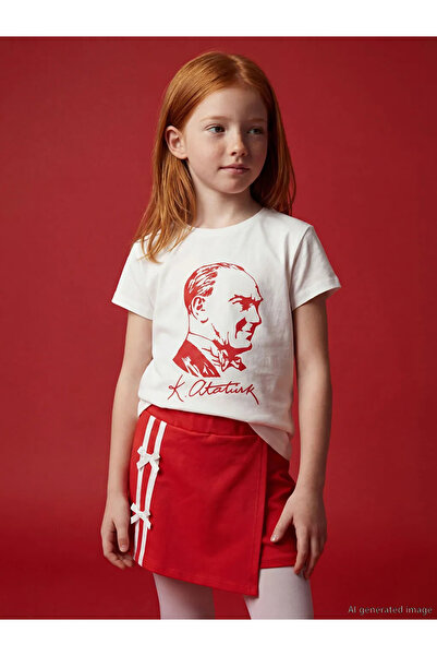 LC Waikiki Lcw Kids Ecru Crew Neck Ataturk Printed Girls' T-Shirt