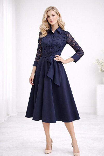 ALYEL NAKER Truvakar Sleeves & Lace Detailed Navy Blue Midi Shirt Dress
