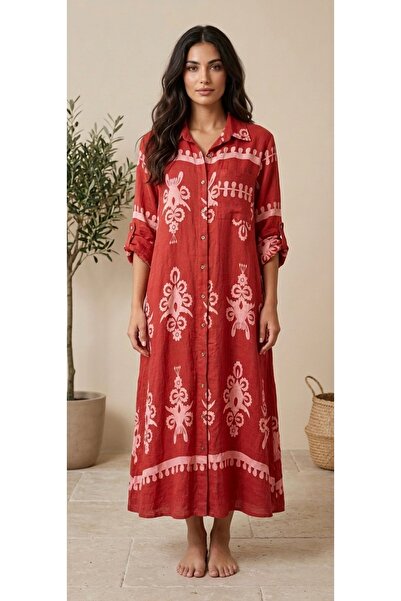 Rabiossa Women's Authentic Patterned Maxi Shirt Dress