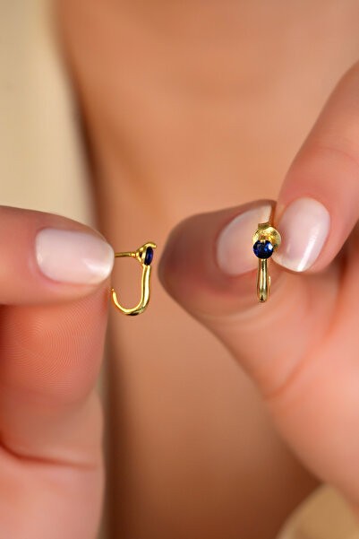 SUNSHINE 925 Ayar Gümüş ,Gold Kaplamalı Lacivert Taşlı J Minimal Tasarım Küpe