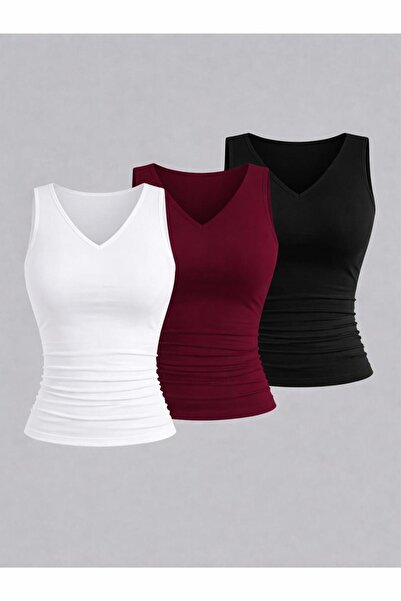 Machetta Women's V Halter Neck Sleeveless 3-Pack Stretch Fabric Blouse
