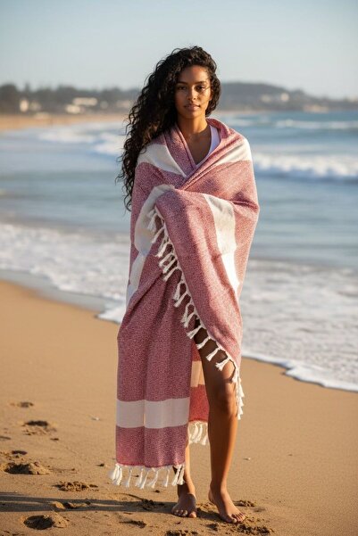 TooHot Women's Red Cotton Piece Thick Tasseled Bath Beach Towel