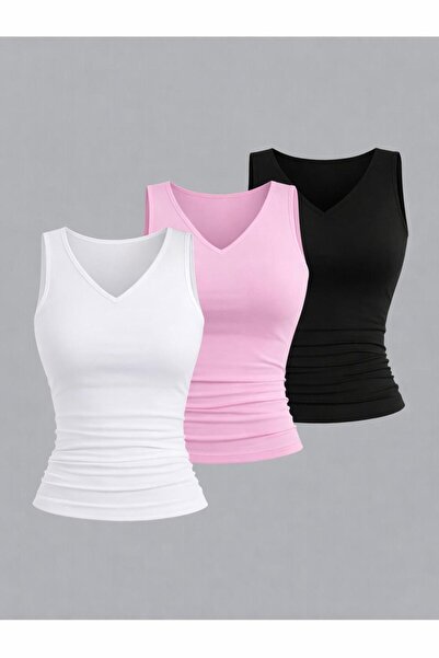 Machetta Women's V Halter Neck Sleeveless 3-Pack Stretch Fabric Blouse