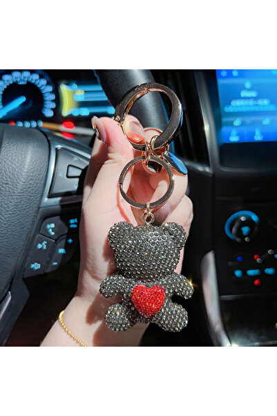 Generic Crystal Rhinestone Studded Premium Keychain - Teddy Bear with Heart
