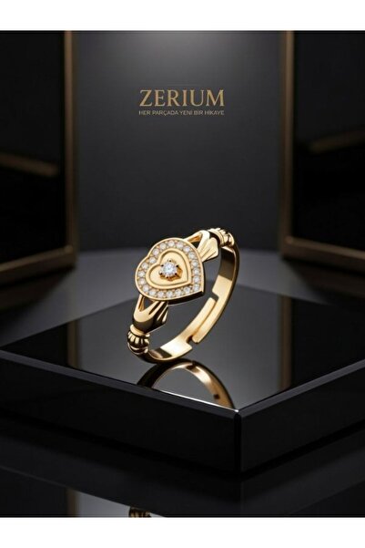 ZERİUM Zircon Stone Heart Women's Ring |   Gold Color Vip Design Adjustable