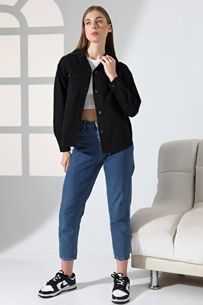 BLUE NATIONAL JEANS Women's Oversized Khaki Utility Shirt Jacket Double Pocke...