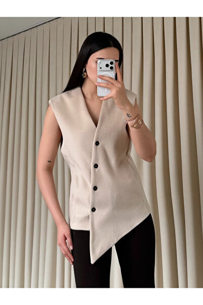 Laluvia Beige Venetian Cross Buttoned Vest