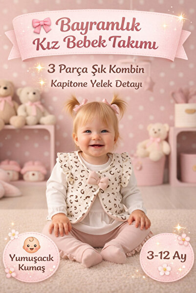 Lumos Trade Eid Baby Girl 3-Piece Set with Bow Quilted Vest Set Top and Botto...