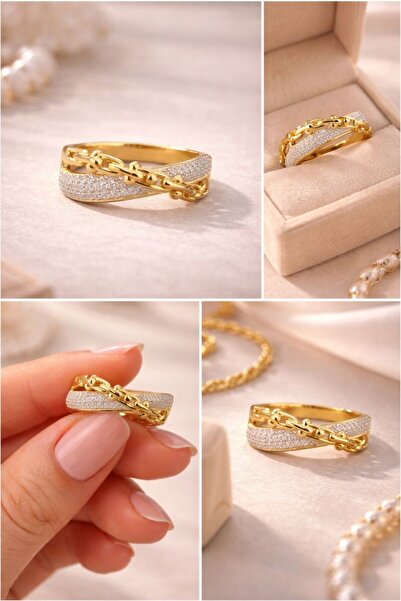 Fashionjewelery Kadın Altın Kaplama Zirkon Taşlı Zincir Detaylı Ayarlanabilir...
