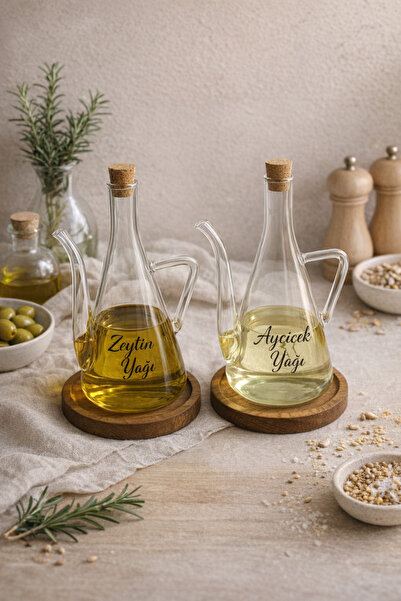 Dia Cam Yağdanlık Seti 2’li – Zeytinyağı & Ayçiçek Yağı Yazılı, Akıtmaz Kapak...