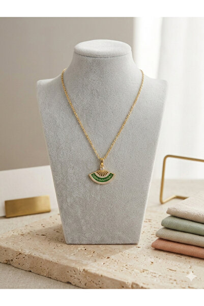 Zihintaşı Atölyesi Altın Kaplama Yeşil Mineli Yelpaze Çelik Kolye