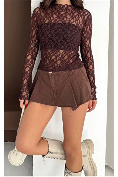 rose tml giyim بلوزة نسائية بياقة نصفية كاملة مرن دانتيل بتصميم أنيق