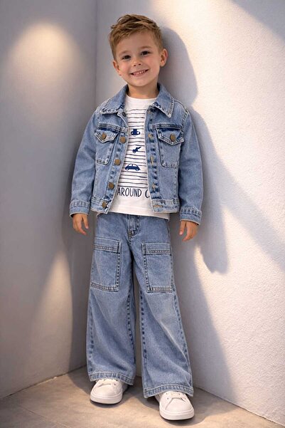 bubiee baby Boy's Blue Denim Set - Jacket, Pants and Printed Combed Cotton Se...