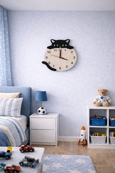 ArliaDesign Kedi Figürlü Ahşap Dekor Hediyelik Duvar Saati / 6 mm MDF