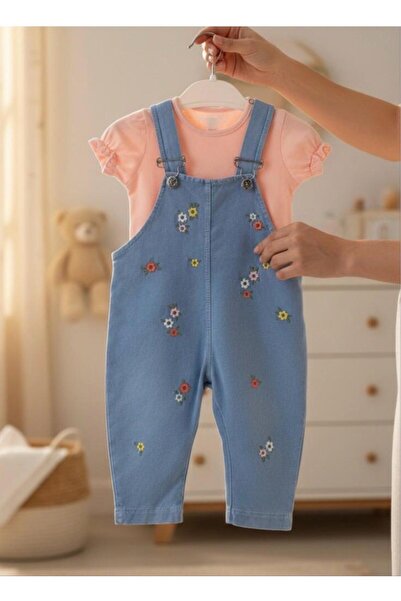 ALTINTAŞ BABY Colorful Floral Embroidered Denim Look Knitted Fabric Summer T-...