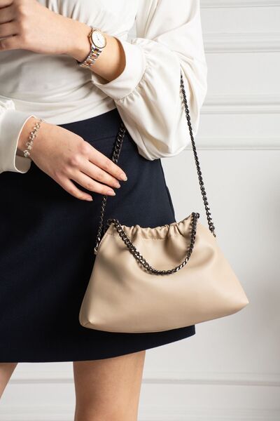 DMG Collection Madame Mini Leather Chain Handbag and Shoulder Bag Beige