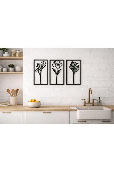 ArliaDesign Ahşap 3 Parçalı Dikdörtgen Şeklinde Çiçek Figürleri / Siyah Ahşap 3 mm MDF