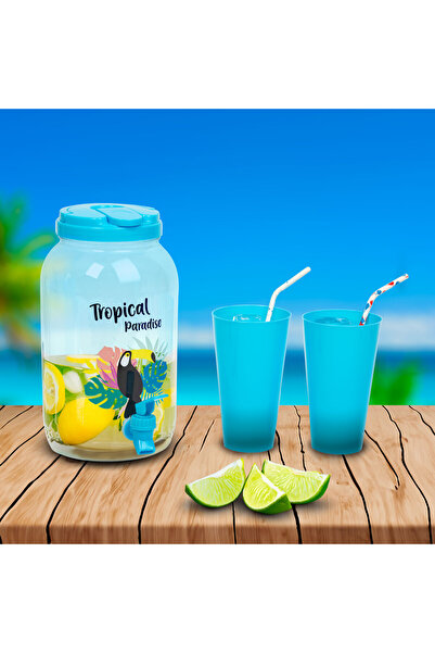 FAMİLY Drink dispenser with tap, set with plastic cups - 3.8 l - tropical pat...