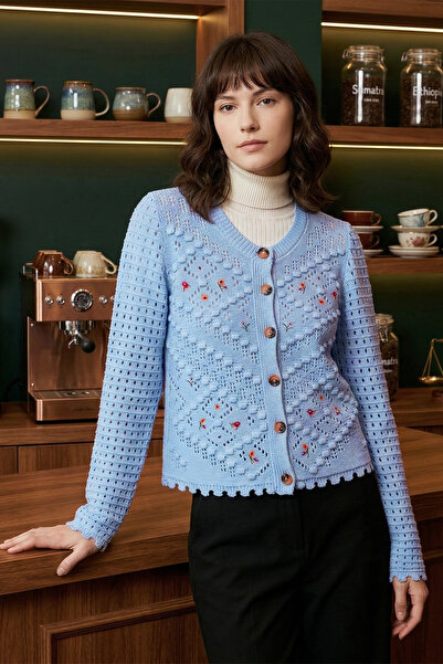 MODAQU Floral Embroidery Detailed Pompom Short Cardigan - Baby Blue