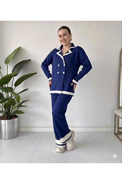 MADAM PARS Double-Breasted Collar Knitwear Set with Contrast Stripes - Ecru &...