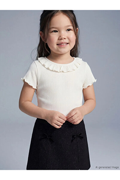 LC Waikiki Lcw Kids Ecru Crew Neck Corded Fabric Girls' T-Shirt Ruffle Detail...