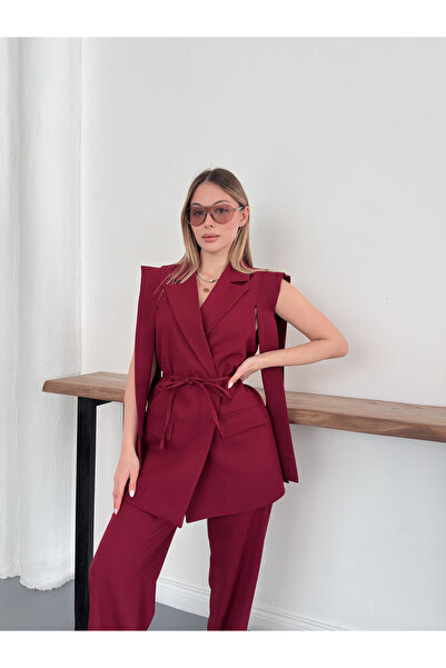 Ekim Store cu detaliu cu șnur Set sacou cu curea și pantaloni set cu vestă