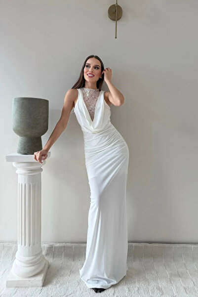 MOZENA Degaje Yaka Lace Detail Zero Sleeve Ruched Long Sandy Dress