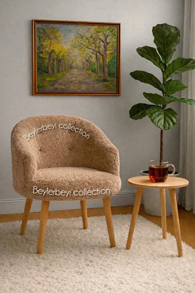 BEYLERBEYİ Gürgen ahşap ayak, sırtlı mini berjer kahverengi renkli peluş kuma...