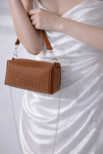 LOVİVA BAGS Taşlı Taba Kadın Omuz Çantası – Zincir Askılı Şık Abiye Çanta