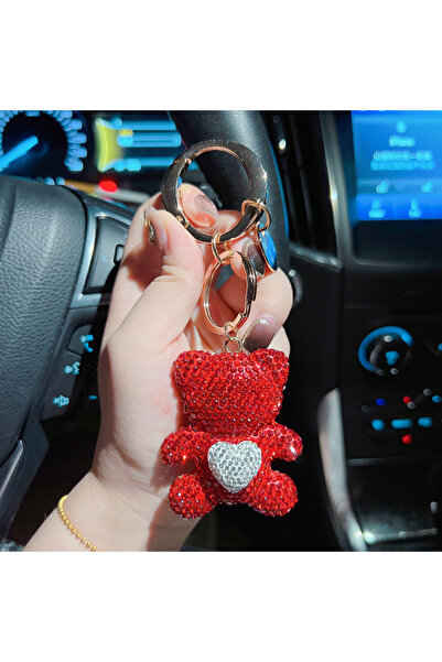 Generic Crystal Rhinestone Studded Premium Keychain - Teddy Bear with Heart