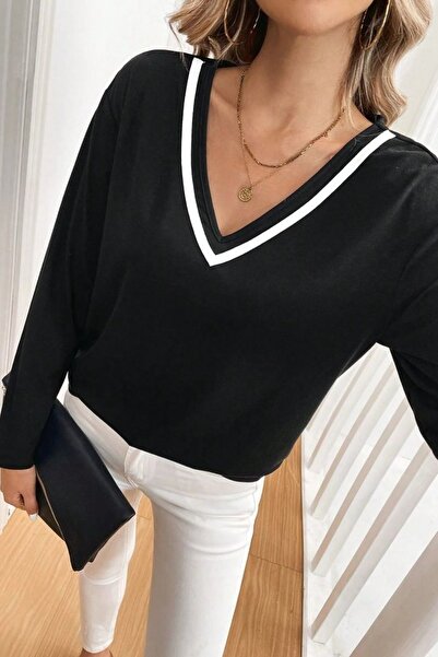 Hiccup Janes Blouse with V-Neck and Long Sleeves in Contrast Piped