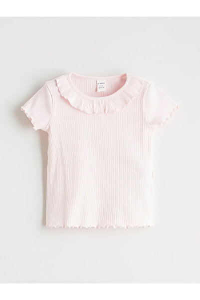 LC Waikiki Lcw Kids Ecru Crew Neck Corded Fabric Girls' T-Shirt Ruffle Detail...