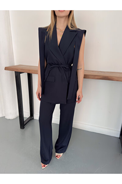 Ekim Store Tie-Detail Belted Blazer Vest Set Pant Suit
