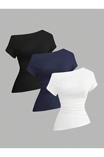 Machetta Women's Boat Neck Asymmetrical Cut 3-Pack Stretch Fabric T-Shirt Blouse